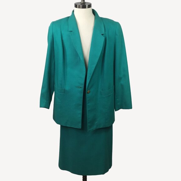 Vintage Fairfax & Kent Women Suit Set Skirt Jacket Teal Blue Work Office Size 18 - Picture 2 of 16